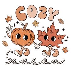 two cartoon pumpkins and leaves with the words go by