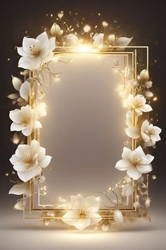 a gold frame with white flowers and sparkles on the edges, in front of a black background