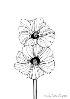 three flowers that are in the middle of a line art drawing, black and white