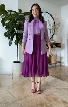 Plum Color Dress Outfit, Purple Colour Combinations Outfit, Purple Work Outfit, Magenta Skirt Outfit, Violet Skirt Outfit, Purple Family Pictures Outfits, Purple Combination Outfits, Purple And Blue Outfit