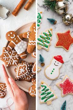 two pictures side by side, one is decorated cookies and the other has christmas decorations on it