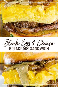 steak egg and cheese breakfast sandwich on a white plate with text overlay that reads steak egg and cheese breakfast sandwich