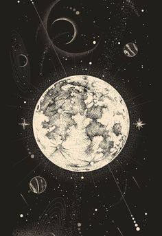 the earth is surrounded by stars and planets in black and white, as well as an image