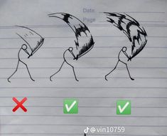 the drawing shows two people holding umbrellas in different directions, and one has an x on it