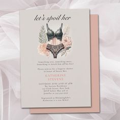 Celebrate the bride-to-be with a chic and elegant lingerie shower! This luxurious invitation features a watercolor illustration of a delicate underwear set with floral and foliage accents, in a soft vintage coral pink and dark green color scheme. The title "Let's Spoil Her" is written in elegant calligraphy, setting the tone for a night of fun, laughter, and lingerie, with a "Something sexy, something sweet" theme. Dark Green Color Scheme, Luxurious Invitation, A Lifetime Of Butterflies, Bridal Lingerie Shower, Unique Bridal Shower Invites, Lingerie Shower Invitations, Pink Floral Bridal Shower, Pink Bridal Shower Invitations, Garden Bridal Showers