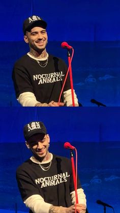 a man holding a microphone in front of a blue background with the words nocturnnal animals on it