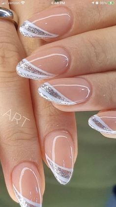 Nails For Professionals, French Polish Nail Art, Wedding Nails Design Almond Shape, Silver Nails Round, Side Nail Design, Pretty Nails Classy French Tips, Fancy Nails Designs Latest Fashion, Interesting French Nails, Gel Nail Designs Tutorial