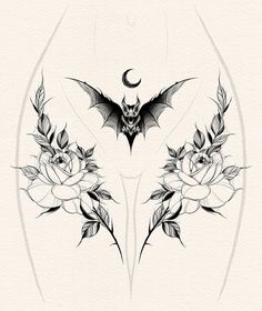 a bat and roses tattoo design on a white background