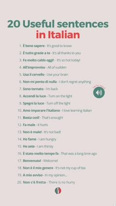 a poster with the words 20 useful sentences in italian