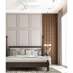 a large bed sitting under a ceiling fan next to a wooden paneled headboard