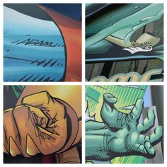 four different images of graffiti on the side of a car