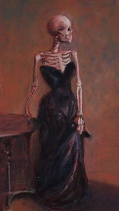 a painting of a skeleton in a black dress sitting at a table with a chair