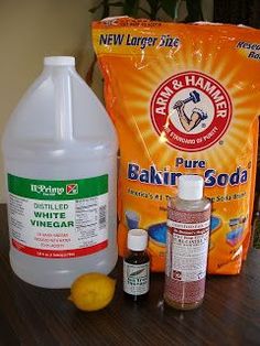 the ingredients for baking are sitting on the table next to each other, including lemon juice and baking soda