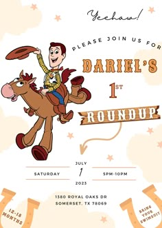 a birthday party card with a cartoon cowboy riding a horse and the words barrel's 1st roundup on it