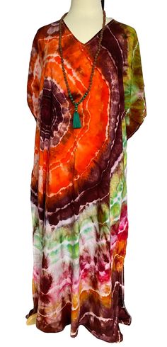 "100% rayon fabric, lightweight US free size S-XL Length: 54.3\" Bust: 66.1\" Shoulder: 36.2\" Side slits to mid calf V neck Short sleeve" Tie Strap Top, Boho Tie Dye, Tie Dye Cotton, Dye Dress, Tie Dye Maxi Dresses, Tie Dye Maxi, Lounge Dress, Caftan Dress, Dyed Dress