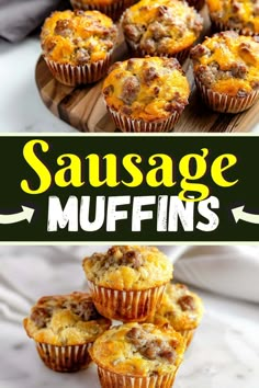 sausage muffins on a wooden board with the words sausage muffins above them