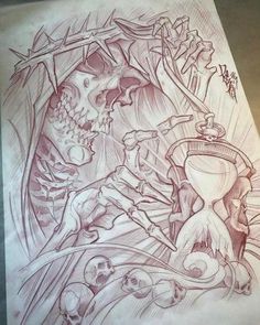 a drawing on paper with skulls and an hourglass in the middle, surrounded by other items