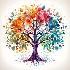 the colorful tree is painted with watercolors and has many different leaves on it