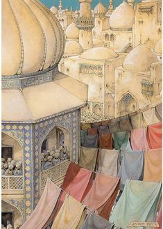 an artistic painting of many different colored clothes hanging out to dry in the wind, with buildings and domes in the background