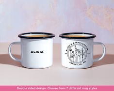 two coffee mugs sitting side by side on a table with the words algica printed on them