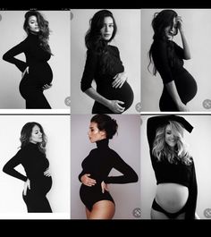 the pregnant woman is posing in her black bodysuit