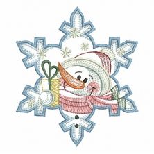 a snowman with a hat and scarf on it's head is surrounded by snowflakes