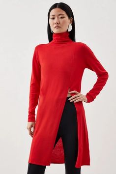 Cashmere Blend Deep Slip Longline Knit Top | Karen Millen Two Piece Set Pants, Random Fashion, Bachelorette Outfits, Evening Dresses Cocktail, Petite Skirt, Polka Dress, Karen Millen, Tailored Trousers, Sleeve Designs