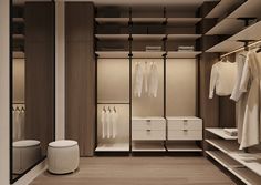 a walk - in closet with white clothes on hangers