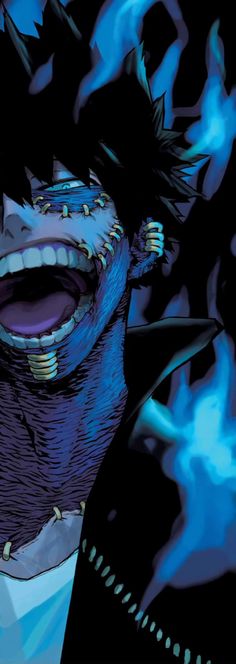 an illustration of a man with his mouth open and eyes wide open in front of blue flames