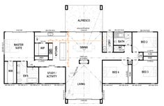 the floor plan for an apartment with four bedroom and two bathroom areas, including one living room