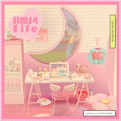 there is a pink room with a small table and chair in it that says sima life on the wall