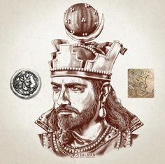 a drawing of a man with a crown on his head and a coin in front of him