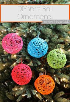 colorful ornaments hanging from a christmas tree with text overlay that reads diy yarn ball ornaments