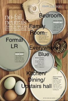 an image of some paint colors on a wooden table with eggs and other things in bowls