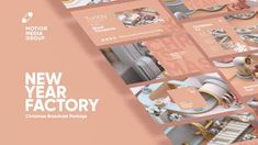 the new year factory brochure is displayed on a pink and white background with lots of different items