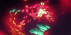 an animated image of fish swimming in the water with red and green lights around them