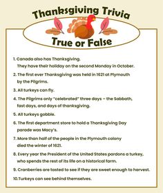 a thanksgiving trivia with the words true or false in english and an image of a turkey