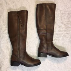 Never Worn. Excellent Condition, No Defects Or Damages. Genuine Leather. Brown Boots With Cushioned Footbed And Flat Heel, Brown Slip-on Boots With Stacked Heel, Fall Boots With Branded Insole And Low Heel, Long Brown Boots, Visual Archive, Style Moodboard, Shoes Steve Madden, Steve Madden Shoes, Brown Boots