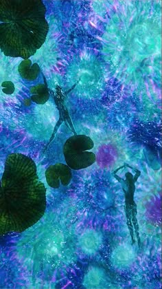 an underwater scene with water lilies and people swimming in the water, surrounded by algae