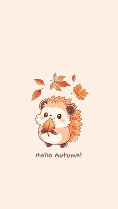 an animal with leaves flying around it's head and the words hello autumn written on it