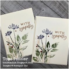 two cards with flowers on them and the words sympathy written in cursive writing