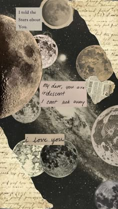 a collage of different planets with words written on them and an image of the moon