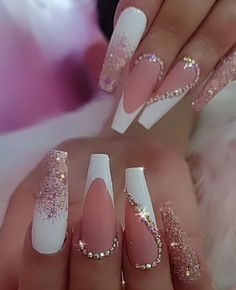 Wedding Coffin Acrylic Nails, Classy Nails With Rhinestones, Elegant Nails Classy Coffin, 30th Birthday Nails, Ongles Bling Bling, Nails Design With Rhinestones, Uñas Acrilicas, Nail Designs Glitter