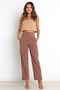 DETAILS   Introducing the Springfield Pants in a versatile brown - a true style game-changer! These high-waisted goodies are cut from trendy corduroy that screams cozy-chic. A zipper fly with a button closure promises a secure fit while the elasticised back waistband provides all the comfort you need.  corduroy style pants  high waisted  zipper fly with button close  elasticised back waistband  straight relaxed leg  relaxed fit  unlined    SIZING    model is 5' 6" and wears a Size 2  model stats Shoot Outfit Ideas, Petal And Pup, Black Tie Wedding Guests, White Dress Shoes, Ideal Closet, Pants High Waisted, 2022 Style, Work Fits, Exclusive Clothing