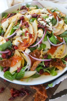 Pear Arugula Salad with Crispy Prosciutto - Sungrown Kitchen Pear Arugula Salad, Crispy Prosciutto, Red Wine Vinaigrette, Sliced Pears, Cranberry Cheese, Xmas 2024, Arugula Salad, Honey Mustard, Dried Cranberries