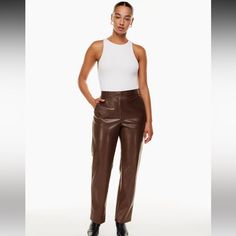 Nwt Aritzia Babaton Command Leather Pants Size 2 Coffee Bean Nwt Never Worn Artizia Vegan Leather Mid Rise Full Length Size 2 Olive Skirt, Silk Romper, Denim Short Dresses, Slim Leg Pants, Trouser Pants Women, Evening Outfits, Faux Leather Pants, Sweater Blouse, Black Jumpsuit