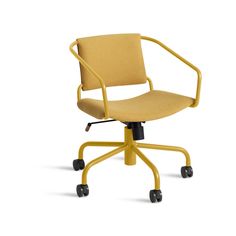 a yellow office chair with wheels and casteors on an isolated white surface, viewed from the front