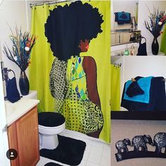 the bathroom is decorated in black and white with an afro woman on it's shower curtain