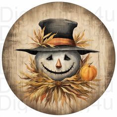 a painting of a scarecrow wearing a top hat and pumpkins on a wooden background