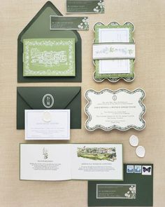 the wedding stationery was done in green and white, with matching envelopes and cards